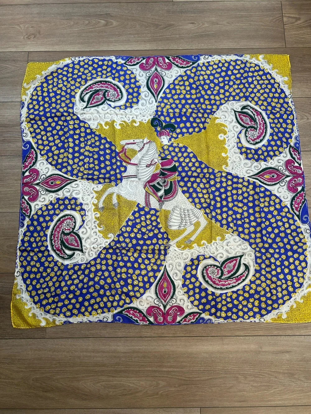 Equestrian Horse Rider Paisley Square Scarf Blue Gold Pink Designer Inspired